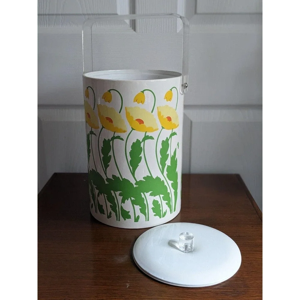 Vtg 1970s Ice Bucket Yellow Poppies Floral Print Padded Vinyl Retro Mid Century